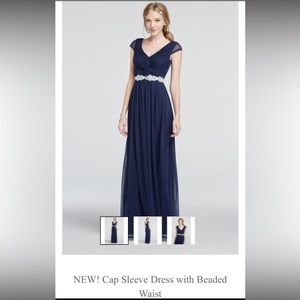 David’s Bridal Navy Blue Beaded Waist Twist front Prom Dress